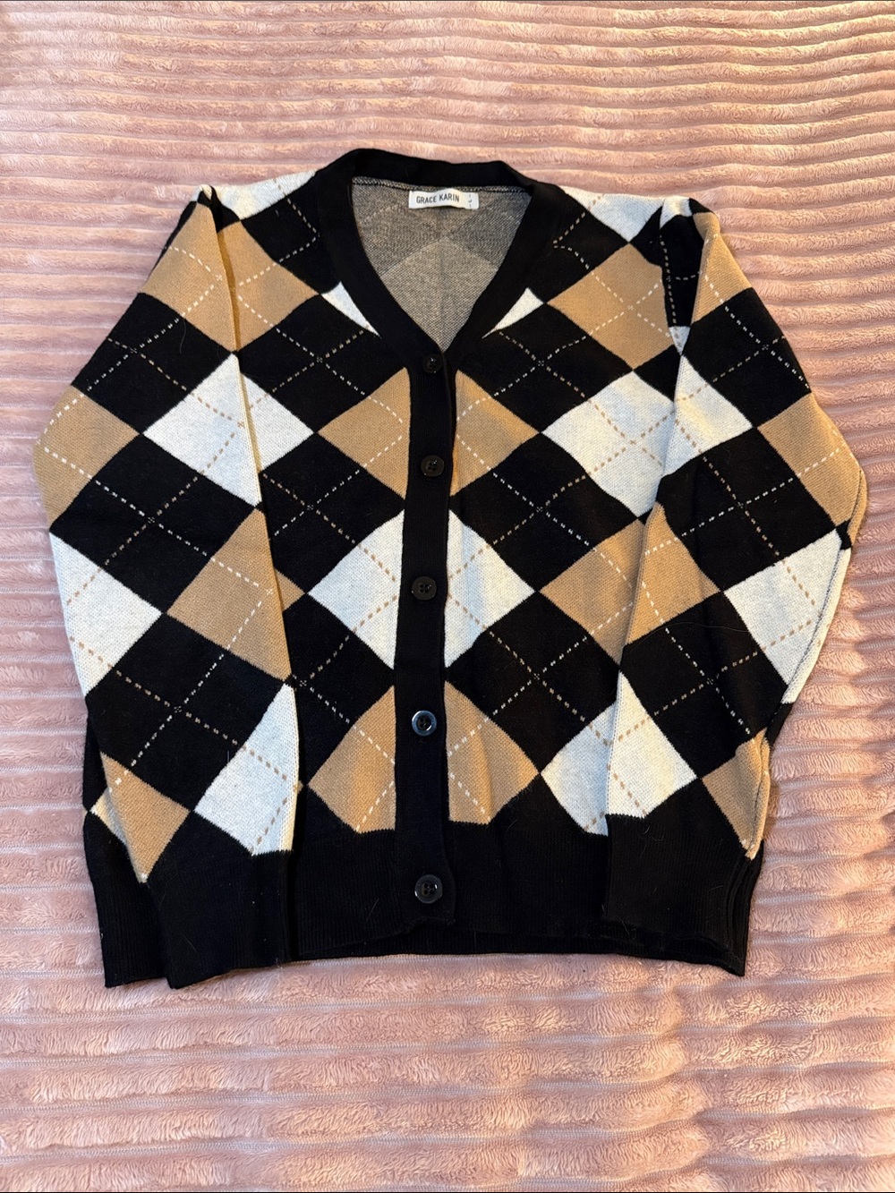 Grace Karin Black, Tan & White Argyle Button Cardigan